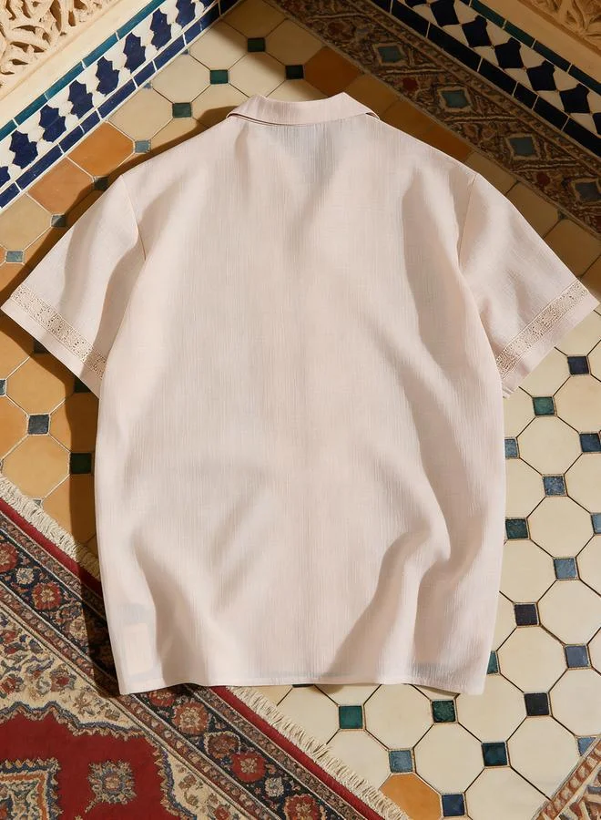 Take Two Men Beige Linen Look Shirt with Lace Detail